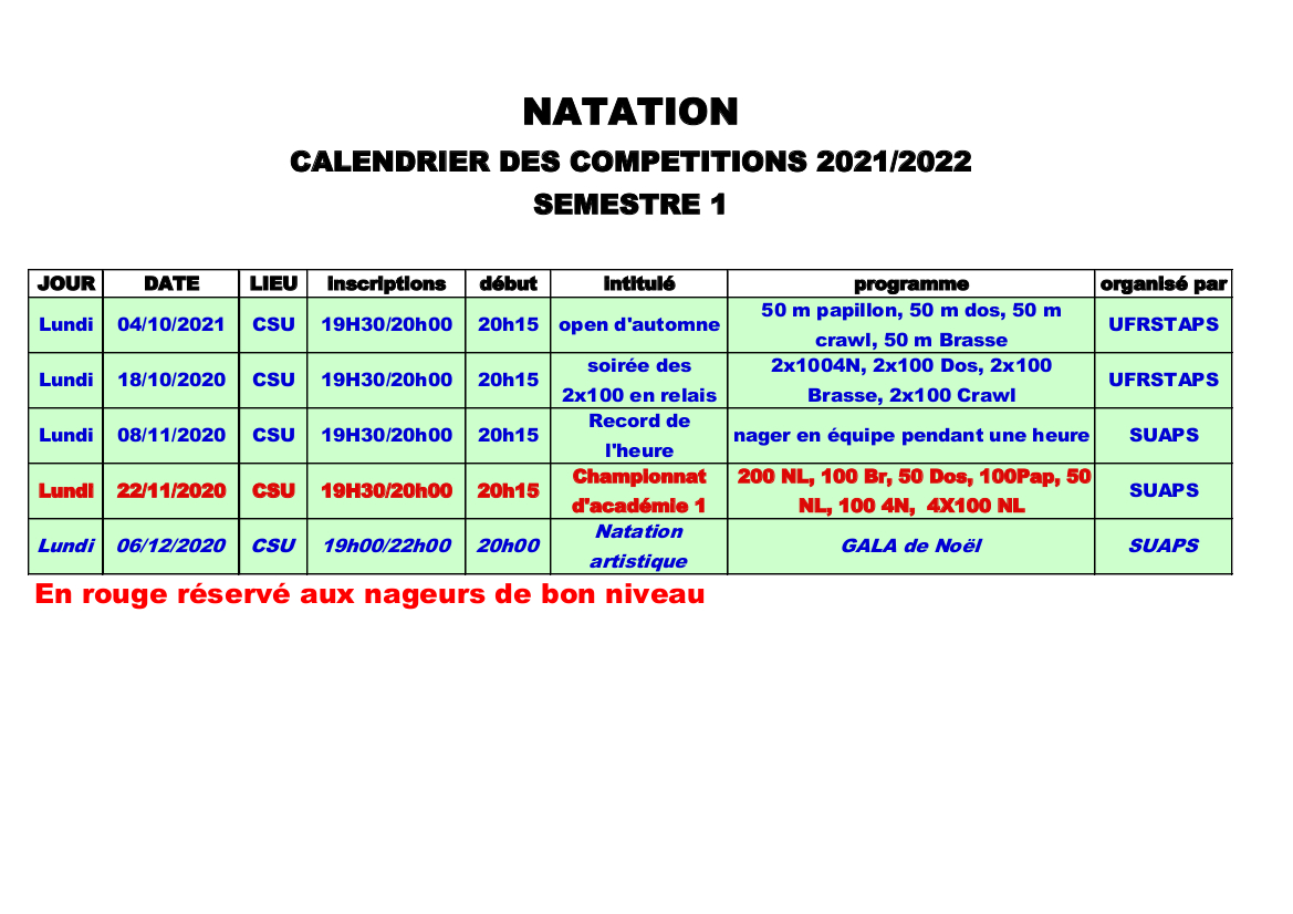 Calendrier natation